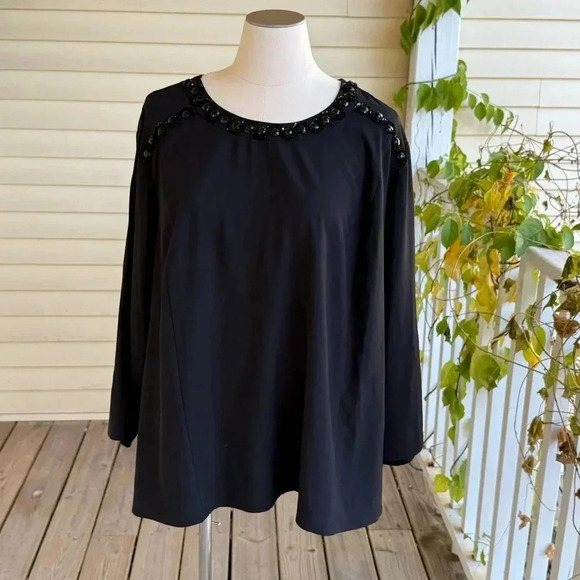 NWT Catherines Blouse Plus 5x 34/36W Black Chiffon Jeweled Top Split Sleeve - Picture 1 of 9